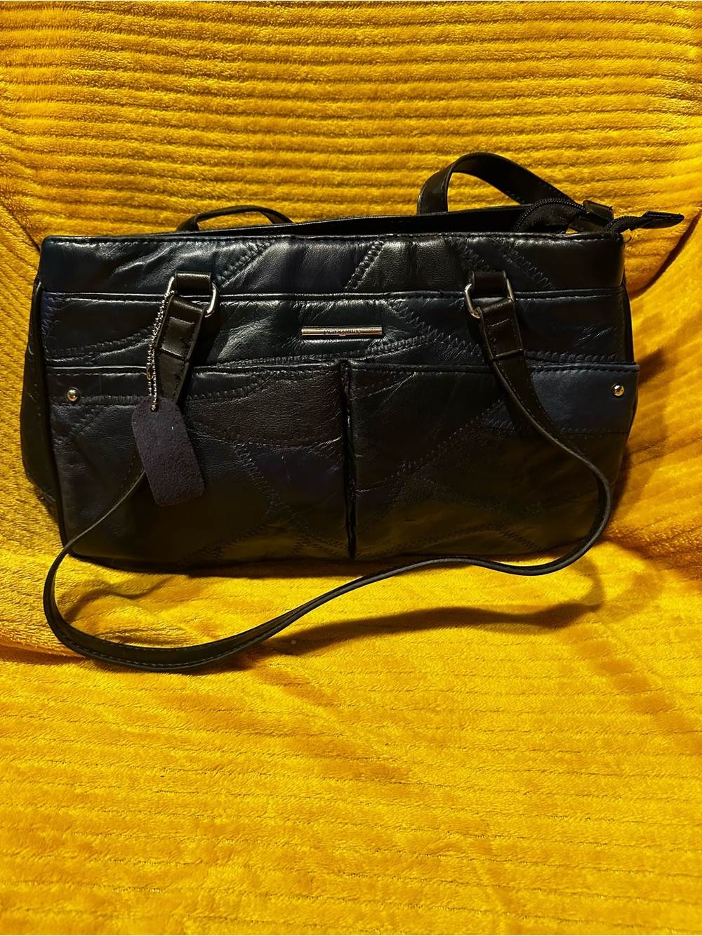 Jaclyn Smith Vintage Y2K Navy Blue Patchwork Genuine Leather Shoulder Bag Luxury